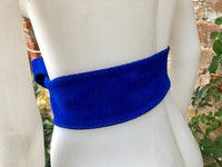 Royal blue suede waist belt with large round buckle. Boho soft suede belt in cobalt blue. Genuine natural deep blue suede leather