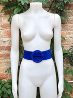 Royal blue suede waist belt with large round buckle. Boho soft suede belt in cobalt blue. Genuine natural deep blue suede leather