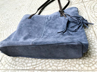 TOTE leather bag in blue - gray. Genuine soft natural suede purse. Denim blue color large SHOPPER leather bag. Laptop bag in blue suede.