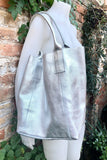 Shoulder leather bag in SILVER. GENUINE leather shopper bag. Large carry all bag for your laptop, books. Metallic GOLD leather purse