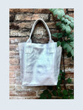 Shoulder leather bag in SILVER. GENUINE leather shopper bag. Large carry all bag for your laptop, books. Metallic GOLD leather purse