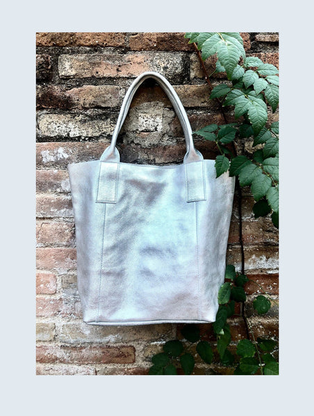 Shoulder leather bag in SILVER. GENUINE leather shopper bag. Large carry all bag for your laptop, books. Metallic GOLD leather purse