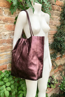 Burgundy brown tote leather bag. Metallic effect genuine leather shopper. Large carry all bag for your laptop, books.Burgundy leather purse