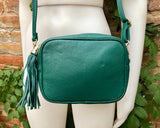 GREEN leather bag. Small cross body / shoulder bag in GENUINE leather. Green leather purse with adjustable strap and zipper.