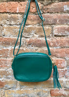 GREEN leather bag. Small cross body / shoulder bag in GENUINE leather. Green leather purse with adjustable strap and zipper.