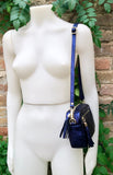 Metallic leather small purple - blue bag. GENUINE leather shoulder / crossbody bag. Purple - navy purse with adjustable strap + zipper.