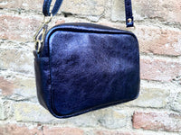 Metallic leather small purple - blue bag. GENUINE leather shoulder / crossbody bag. Purple - navy purse with adjustable strap + zipper.