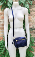 Metallic leather small purple - blue bag. GENUINE leather shoulder / crossbody bag. Purple - navy purse with adjustable strap + zipper.