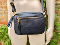 Navy blue small genuine leather bag. GENUINE leather shoulder / crossbody bag. Blue purse with adjustable strap + zipper. Navy purse