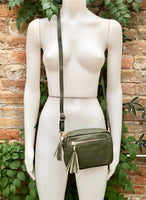 Small green leather bag. GENUINE leather shoulder or cross body bag. Khaki green leather purse with tassels, adjustable strap and zipper