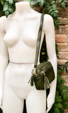 Small green leather bag. GENUINE leather shoulder or cross body bag. Khaki green leather purse with tassels, adjustable strap and zipper