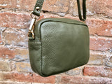 Small green leather bag. GENUINE leather shoulder or cross body bag. Khaki green leather purse with tassels, adjustable strap and zipper