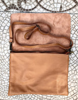 CAMEL BROWN cross body leather bag. Tobacco color soft genuine leather. Boho crossover, messenger bag in saddle brown with adjustable strap