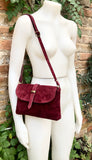 Burgundy suede leather bag. Crossbody bag in GENUINE leather. DARK RED small leather bag with adjustable strap and zipper. Wine red purse.