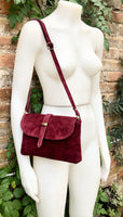 Burgundy suede leather bag. Crossbody bag in GENUINE leather. DARK RED small leather bag with adjustable strap and zipper. Wine red purse.