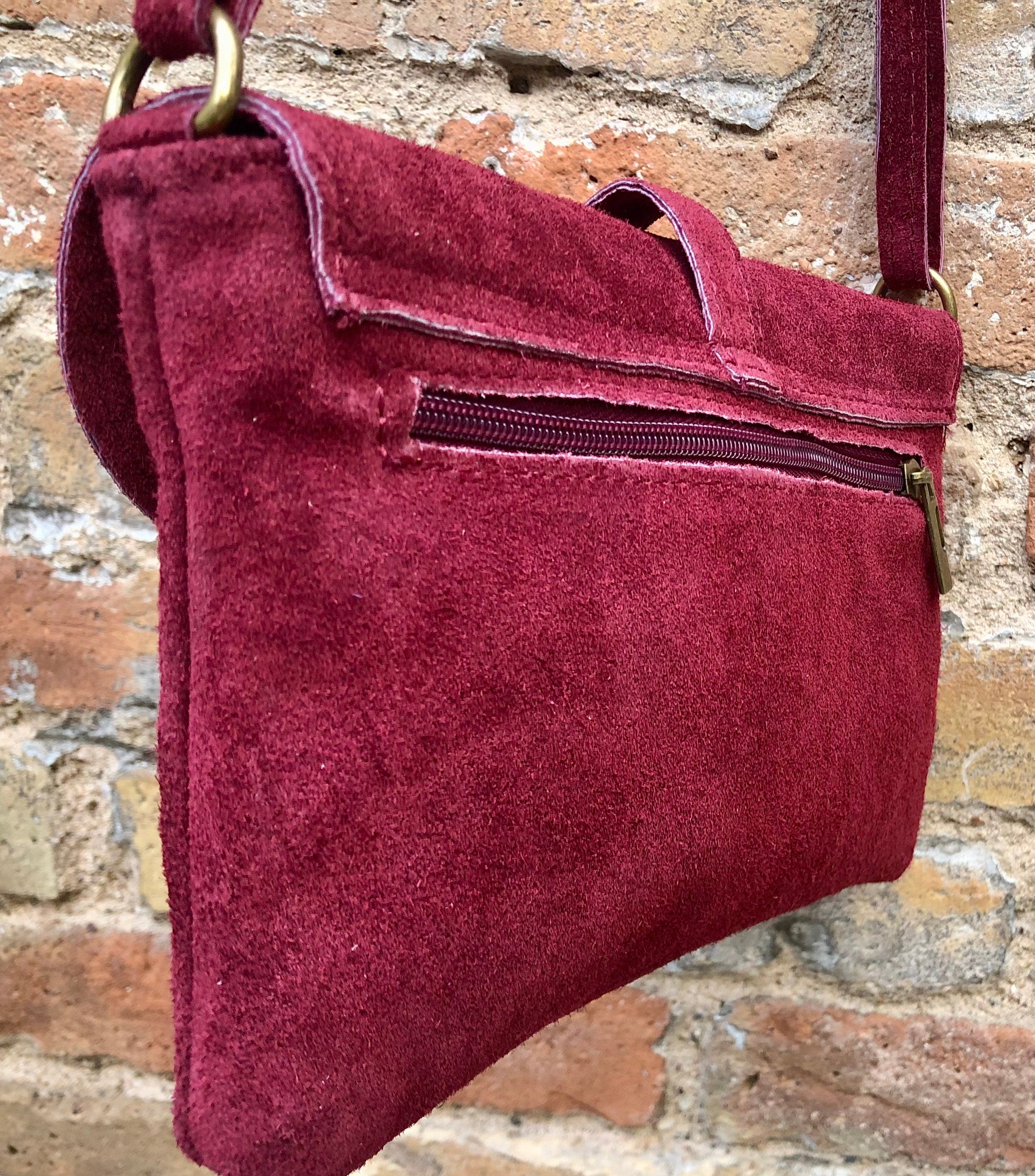 Burgundy suede leather bag. Crossbody bag in GENUINE leather. DARK RED small leather bag with adjustable strap and zipper. Wine red purse.