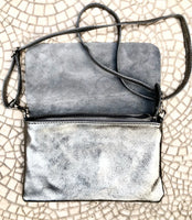 Small leather bag in SILVER. Cross body bag, shoulder bag in GENUINE leather. Metallic shine bag with adjustable strap, zipper and flap.