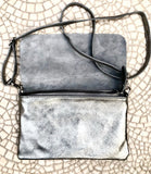 Small leather bag in SILVER. Cross body bag, shoulder bag in GENUINE leather. Metallic shine bag with adjustable strap, zipper and flap.