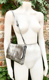 Small leather bag in SILVER. Cross body bag, shoulder bag in GENUINE leather. Metallic shine bag with adjustable strap, zipper and flap.