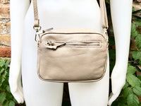 Small light beige leather bag. GENUINE leather shoulder / cross body bag. Cream beige leather purse with adjustable strap and zipper.