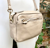 Small light beige leather bag. GENUINE leather shoulder / cross body bag. Cream beige leather purse with adjustable strap and zipper.