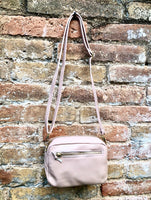 Small light PINK leather bag. GENUINE leather shoulder / cross body bag. Soft PINK leather purse with adjustable strap and zipper.