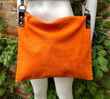 ORANGE suede messenger bag: 1 GUITAR strap + 1 brown strap. Soft genuine leather crossbody / shoulder bag. Green purse + embroidered strap