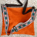 ORANGE suede messenger bag: 1 GUITAR strap + 1 brown strap. Soft genuine leather crossbody / shoulder bag. Green purse + embroidered strap