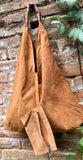 CAMEL brown suede slouch leather bag. Genuine leather large shoulder bag. Rusty brown origami bag with brown leather accent. Large shopper