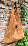 CAMEL brown suede slouch leather bag. Genuine leather large shoulder bag. Rusty brown origami bag with brown leather accent. Large shopper