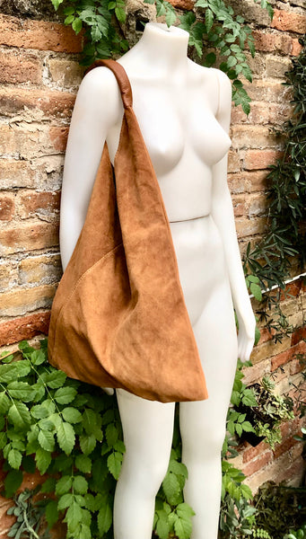 CAMEL brown suede slouch leather bag. Genuine leather large shoulder bag. Rusty brown origami bag with brown leather accent. Large shopper