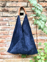 NAVY blue slouch suede bag. Genuine leather shoulder / shopper bag. Origami bag. Camel brown leather accent. Navy blue suede purse