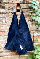 NAVY blue slouch suede bag. Genuine leather shoulder / shopper bag. Origami bag. Camel brown leather accent. Navy blue suede purse