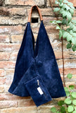 NAVY blue slouch suede bag. Genuine leather shoulder / shopper bag. Origami bag. Camel brown leather accent. Navy blue suede purse