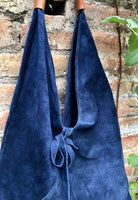 NAVY blue slouch suede bag. Genuine leather shoulder / shopper bag. Origami bag. Camel brown leather accent. Navy blue suede purse