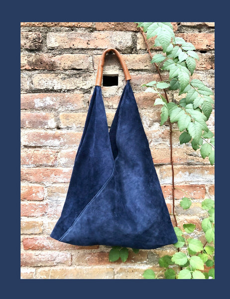 NAVY blue slouch suede bag. Genuine leather shoulder / shopper bag. Origami bag. Camel brown leather accent. Navy blue suede purse