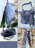 Blue - gray crossbody / shoulder bag. Denim blue boho suede bag with FRINGES. Genuine leather messenger with 2 straps. Blue suede purse