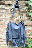 Blue - gray crossbody / shoulder bag. Denim blue boho suede bag with FRINGES. Genuine leather messenger with 2 straps. Blue suede purse