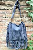 Blue - gray crossbody / shoulder bag. Denim blue boho suede bag with FRINGES. Genuine leather messenger with 2 straps. Blue suede purse