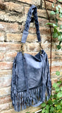 Blue - gray crossbody / shoulder bag. Denim blue boho suede bag with FRINGES. Genuine leather messenger with 2 straps. Blue suede purse