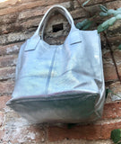Shoulder leather bag in SILVER. Genuine leather shopper bag. Large carry all bag for your laptop, books. LINED metallic SILVER leather purse