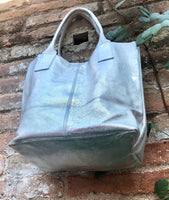 Shoulder leather bag in SILVER. GENUINE leather shopper bag. Large carry all bag for your laptop, books. Metallic SILVER leather purse