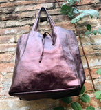 Burgundy brown tote leather bag. Metallic effect genuine leather shopper. Large carry all bag for your laptop, books.Burgundy leather purse