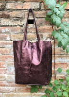 Burgundy brown tote leather bag. Metallic effect genuine leather shopper. Large carry all bag for your laptop, books.Burgundy leather purse