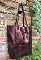 Burgundy brown tote leather bag. Metallic effect genuine leather shopper. Large carry all bag for your laptop, books.Burgundy leather purse