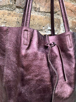 Burgundy brown tote leather bag. Metallic effect genuine leather shopper. Large carry all bag for your laptop, books.Burgundy leather purse