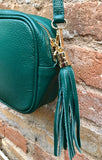 GREEN leather bag. Small cross body / shoulder bag in GENUINE leather. Green leather purse with adjustable strap and zipper.