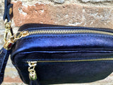 Metallic leather small blue bag. GENUINE leather shoulder / crossbody bag. Blue purse with adjustable strap + zipper.Glitter leather purse