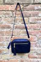 Metallic leather small purple - blue bag. GENUINE leather shoulder / crossbody bag. Purple - navy purse with adjustable strap + zipper.