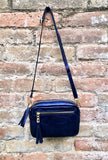 Metallic leather small purple - blue bag. GENUINE leather shoulder / crossbody bag. Purple - navy purse with adjustable strap + zipper.